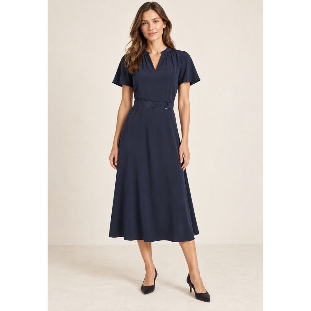 BOSS Dalluah1 Navy Blue Cupro Belted V-Neck Midi Dress Women’s Size 2 NWT $495